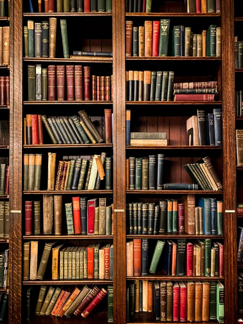 Libros muchos en una biblioteca