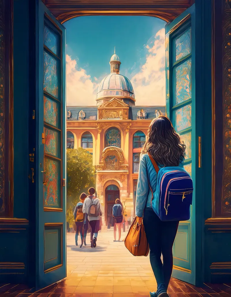 Demale student entering a university through a beatiful door