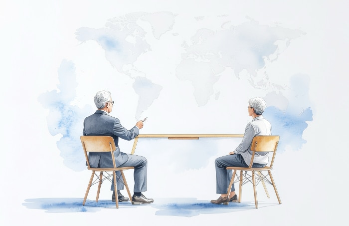 Hombre y mujer sabia hablando de temas globales